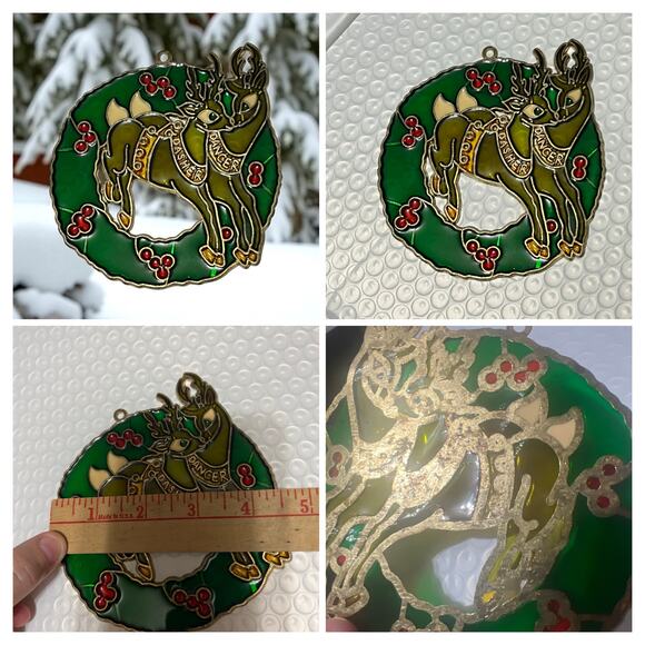 Vtg Stained Glass Style Reindeer Wreath Ornament Acrylic Christmas Holiday Decor - Picture 1 of 9